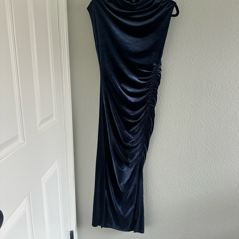 Elegant Blue velvet Ruched Dress high neck with slit
